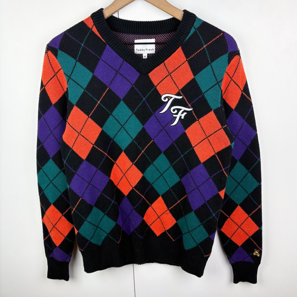 Teddy Fresh Argyle V Neck Sweater Purple Orange Green Black Cotton Mens XS